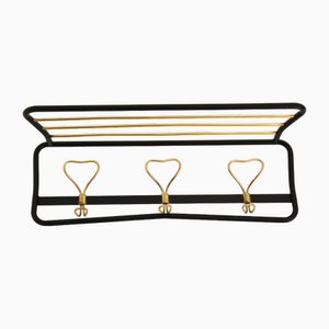 Coat Hanger with Hat Rack, Brass and Black Lacquered Metal, Italy, 1970s