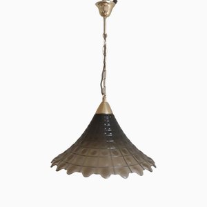 Vintage German Ceiling Lamp with Tinted Funnel-Shaped Relief Glass Shade on Brass Mount by Peill & Putzler, 1970s