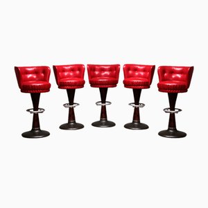 Captains Bar Chairs with Red Leather Upholstery and Steel Bases, 1970, Set of 5