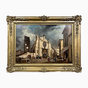 French School Artist, Toulouse Church, Large Oil on Panel, 19th Century, Framed