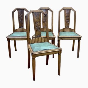 Art Deco Chairs in Walnut and Skai Seats, 1930s, Set of 4