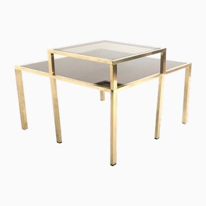 Postmodern Square Brass Coffee Table with Glass Shelf and Mirrored Top, 1980s