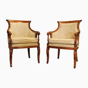William IV Bergere Armchairs with Cream Damask Upholstery, 1990s, Set of 2