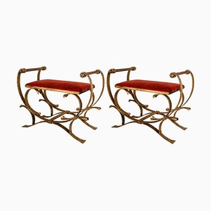 Gilded Wrought Iron Curule Stools with Seats, Early 20th Century, Set of 2