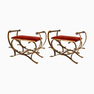Set of Gilded Wrought Iron Curule Stools with Seats, Early 20th Century