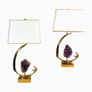 Table Lamps in Sculptural Brass and Amethyst attributed to Willy Daro, 1970s, Set of 2