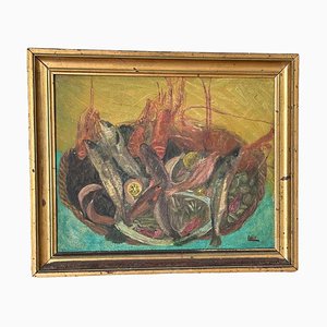Pesce, inizio XX secolo, dipinto ad olio originale, con cornice