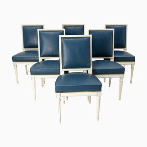 Französische Esszimmerstühle aus lackiertem Holz & blauem Skai, 1960er, 6 . Set