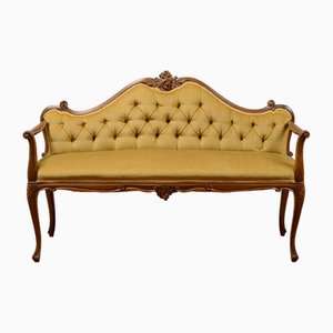 Sofa in Yellow Velvet and Carved Wood, 1970s