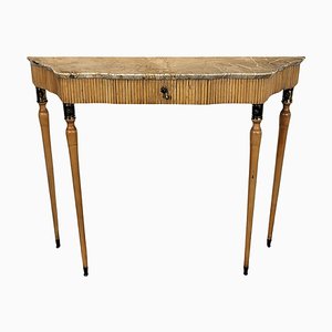 Mid-Century Italian Wood Brass Wall Console Table with Marble Top, 1950s