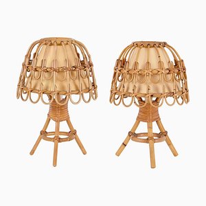 Mid-Century Table Lamps in Rattan and Wicker by Louis Sognot, France, 1960s, Set of 2