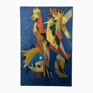 Jean Billecocq, Composición moderna con gallos, años 60, óleo sobre lienzo