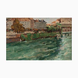 Georges Hanna Sabbagh, Il Rodano a Ginevra, Dipinto a olio su tavola, Inizio XX secolo, Con cornice
