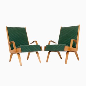 Ash and Green Fabric Armchairs, 1950s, Set of 2