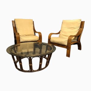 Rattan Lounge Chairs with Table, Set of 3