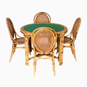 Juego de mesa de juegos y sillas de bambú, años 70. Juego de 5