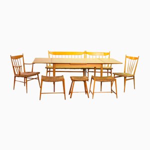 Scandinavian Beechwood Spindle Back Dining Chairs with Rush Wicker Seatings and Large Extendable Table in style of Arno Lambrecht, Germany, 1950s, Set of 7