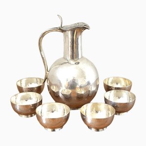 Silver Liqueur Carafe with 6 Drinking Cups, 1950s, Set of 7