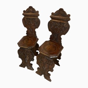Antique Italian Victorian Carved Walnut Hall Chairs, 1860, Set of 2