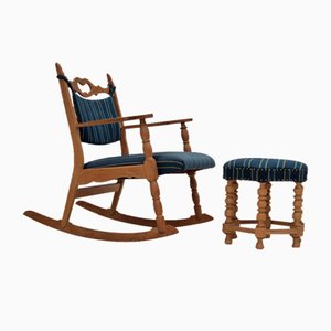 Danish Oak Rocking Chair with Footstool, 1960s, Set of 2