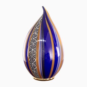 Lámpara de mesa con forma de huevo de cristal de Murano, azul y textura aventurina, Italia