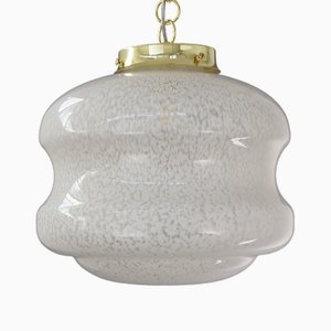 Lampada da soffitto vintage in vetro di Murano maculato bianco con struttura in ottone, Italia, anni '80