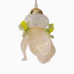 Vintage Flower Pendant in White and Gold Murano Glass and Green Details, Italy, 1980s