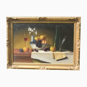 Mike Woods, Still Life of Fruit and Wine, 1990s, Oil on Canvas, Framed