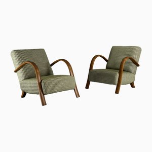 Armchairs in Wood and Geometric Fabric, 1940s, Set of 2