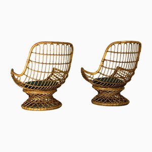 Wicker Armchairs with Bouclé Cushions, 1960s, Set of 2