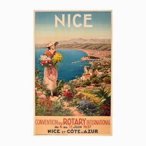 Pierre Comba, Affiche de Voyage Originale de Nice, Côte d'Azur, 1937, Lithographie