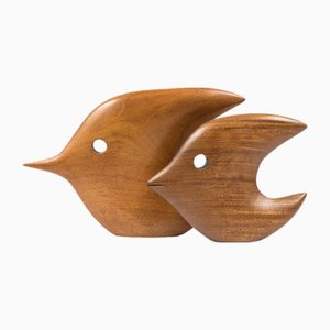 Pesci angelo Mid-Century in legno intagliato a mano, anni '60, set di 2