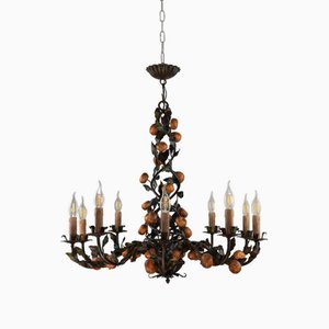 Large Antique Italian Tole Metal Chandelier with Tangerines, 1920s