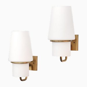 Opal Glass and Brass Wall Lamps from Arredoluce, 1950s, Set of 2