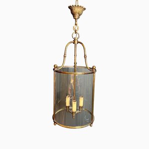 Large Round Neoclassical Style Lantern in Brass and Glass, 1970s