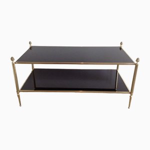 Neoclassical Coffee Table in Bronze, Brass and Black Lacquered Glass Tops from Maison Baguès, 1940s