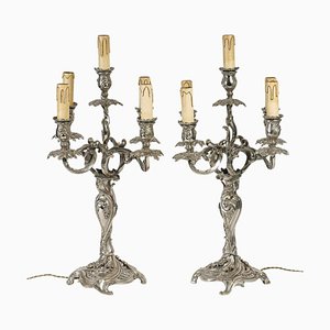 Candélabre Style Louis XV en Bronze Plaqué Argent, 19ème Siècle, Set de 2