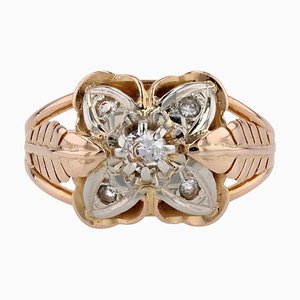 White Sapphires and 18 Karat Rose Gold Feather Clover Ring, 1960s