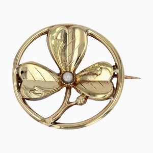 Broche Collier Trèfle en Or Jaune 18 Carats et Perle Fine, France, 20ème Siècle