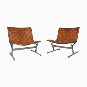 Mid-Century Cognac Leather Lounge Chairs attributed to Ross Littell for ICF, Italy, 1970s