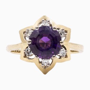 Vintage 14k Yellow Gold Ring with Amethyst and Diamonds, 1970s