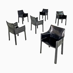 Italian Modern Black Leather Chairs Cab 413 attributed to Mario Bellini for Cassina, 1980s, Set of 6