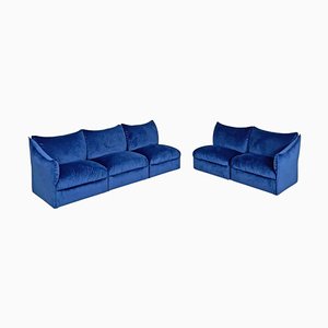 Italian Modern Modular Sofa in Blue Velvet, 1980s, Set of 5