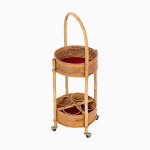 Italian Bar Cart Trolley in Bamboo, Rattan and Red Velvet, 1960s