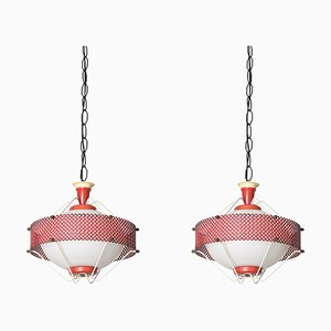 Pendant Lamp in Opaline Glass & Red Metal attributed to Mathieu Matégot, France, 1950s