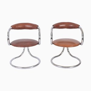 Italian Tubular Chromed Steel and Leather Chairs by Giotto Stoppino for Tecno, 1970s, Set of 2