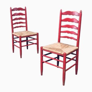 Set of Rustic Red High Ladder Back Wood & Rush Chair Set, 1930s