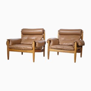 Fauteuils Admiral Scandinaves en Cuir et Chêne par Erik Merthen pour Ire Möbler, 1960s, Set de 2