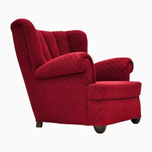 Danish Relax Armchair in Red Cotton, Wool & Oak Wood, 1960s