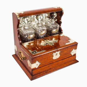 Antique English Victorian Golden Oak 3 Crystal Decanter Tantalus Dry Bar, 19th Century, Set of 13